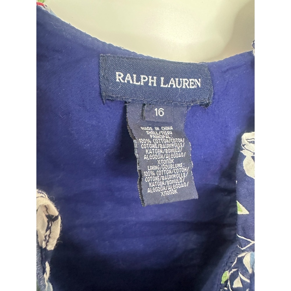 Ralph Lauren Girls Navy Blue Pink Floral Ruffle Cotton Sundress Size 16 Kids - Picture 7 of 11